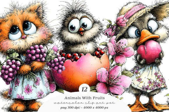 Animals with Fruits Clipart: Elevating Modern Design with Whimsical, High-Resolution Assets