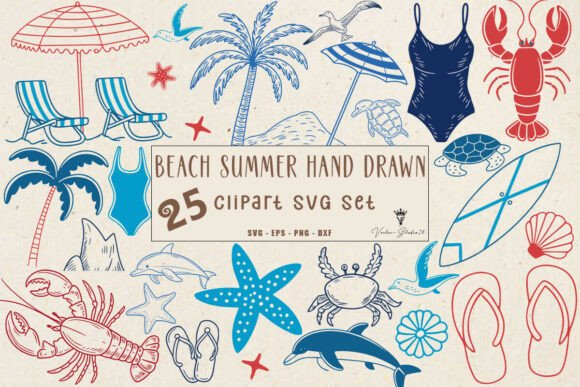 Beach Summer Hand Drawn SVG Clipart Set