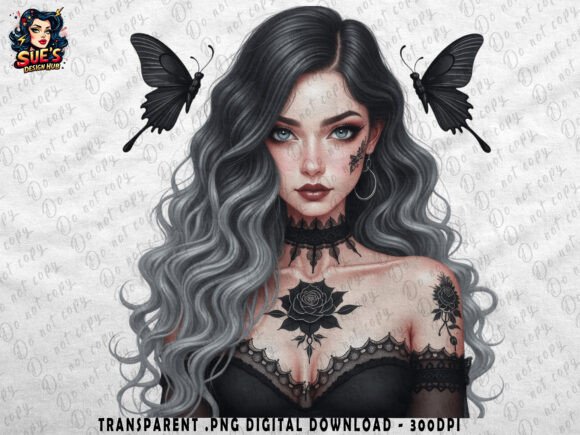 Elegant Gothic Woman with Rose Tattoo: A Versatile Asset for Dark Aesthetic Design