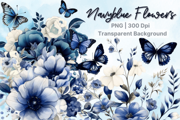 Navy Blue Flower and Watercolor Butterfly Digital Assets
