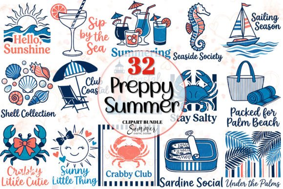 Preppy Coastal Summer Clipart Bundle PNG
