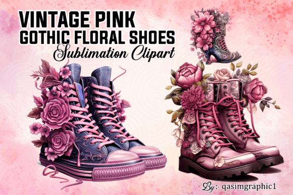 Vintage Pink Gothic Floral Shoes Clipart